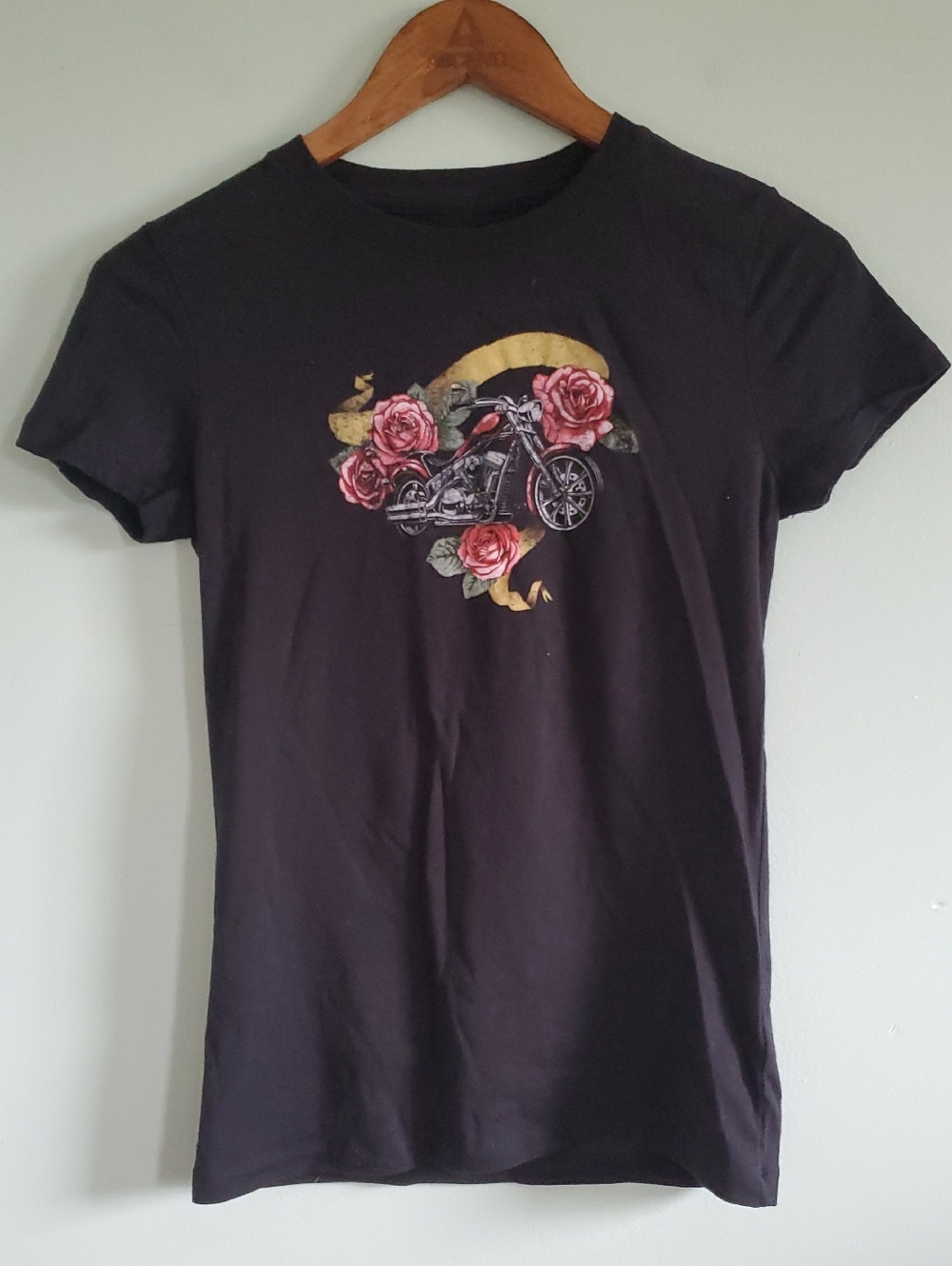 Free State Black Tee with Motorcycle and Pink Rose Graphic